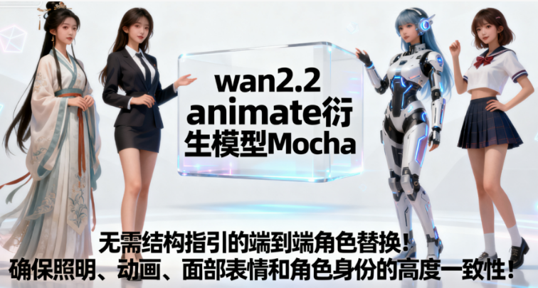 【closerAI ComfyUI】wan2.2 animate衍生模型Mocha：无需结构指引的端到端角色替换！确保照明、动画、面部表情和角色身份的高度一致性！